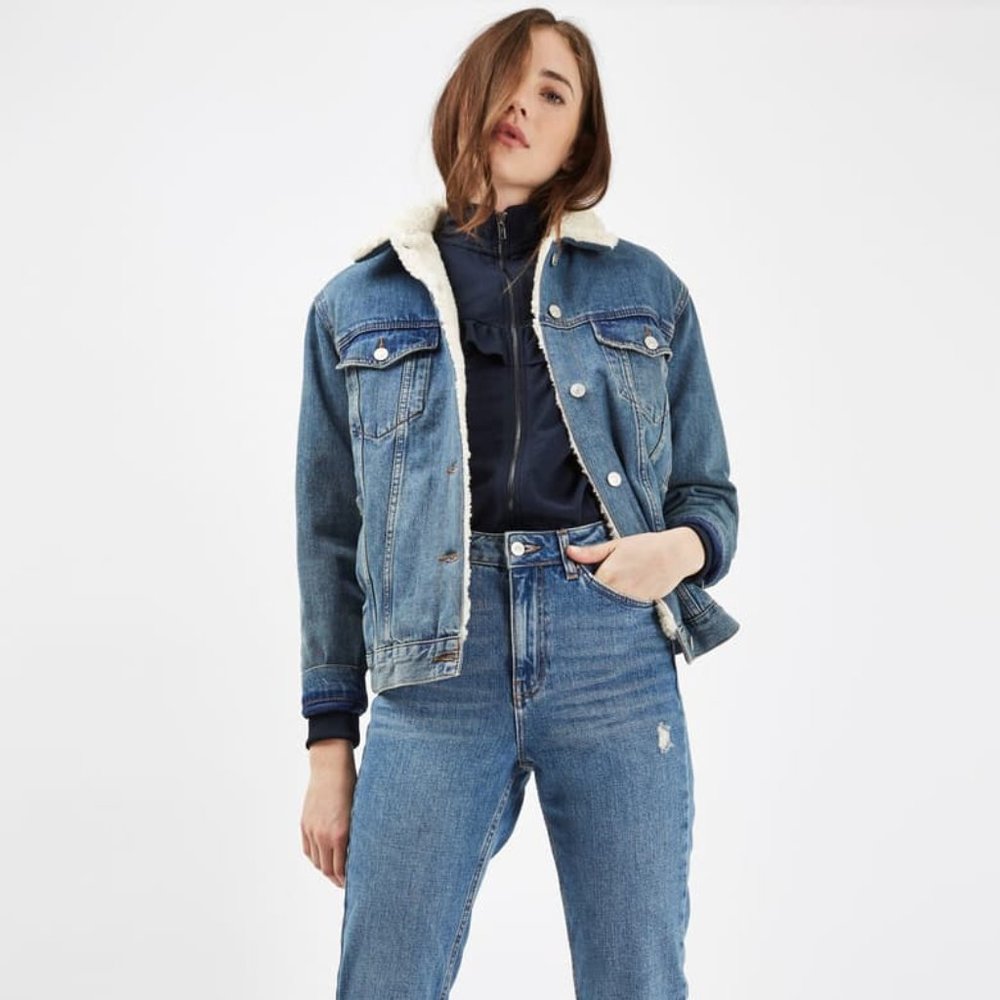 Topshop Oversized Denim Moto Borg Jacket